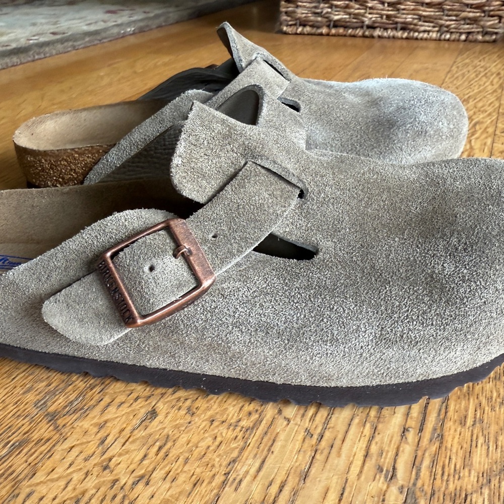 Birkenstock Boston Taupe Suede Clogs with Buckle